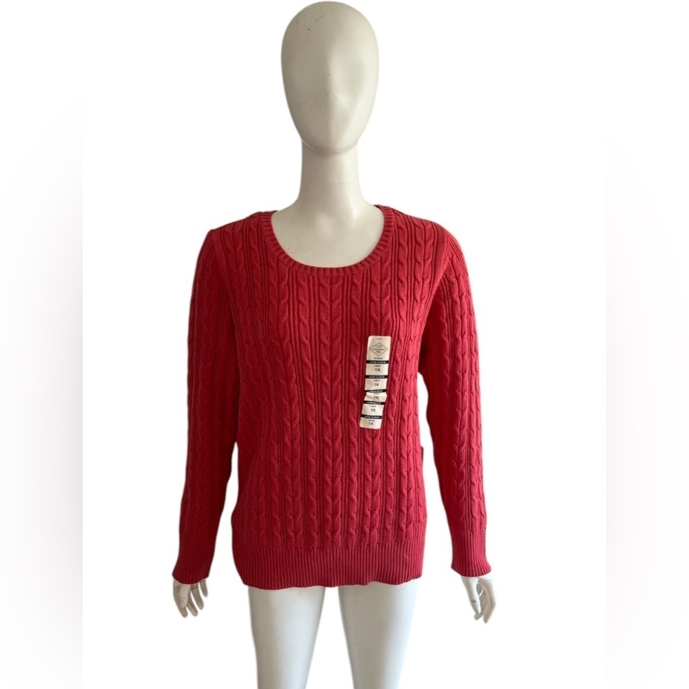 St Johns Bay Cable Knit Sweater Womens Crew Neck Long Sleeve Pullover 1X Red